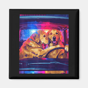 Funny golden retriever dogs driving car retro pop magnet