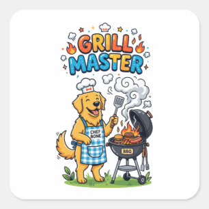 Funny Golden Retriever Grill Master BBQ Graphic Square Sticker