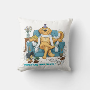 Funny Golden Retriever Messy Birthday Dog Mischiev Throw Pillow