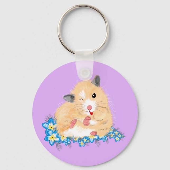 Funny Golden Syrian hamster sitting in flowers Keychain (Front)
