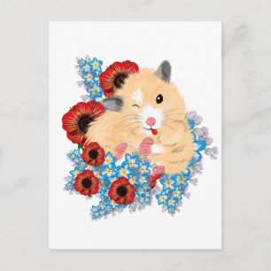 Funny Golden Syrian hamster sitting in flowers Postcard