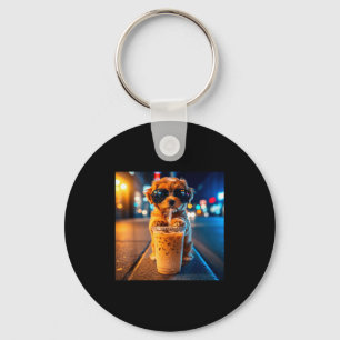 Funny goldendoodle drinking iced coffee animal mem keychain