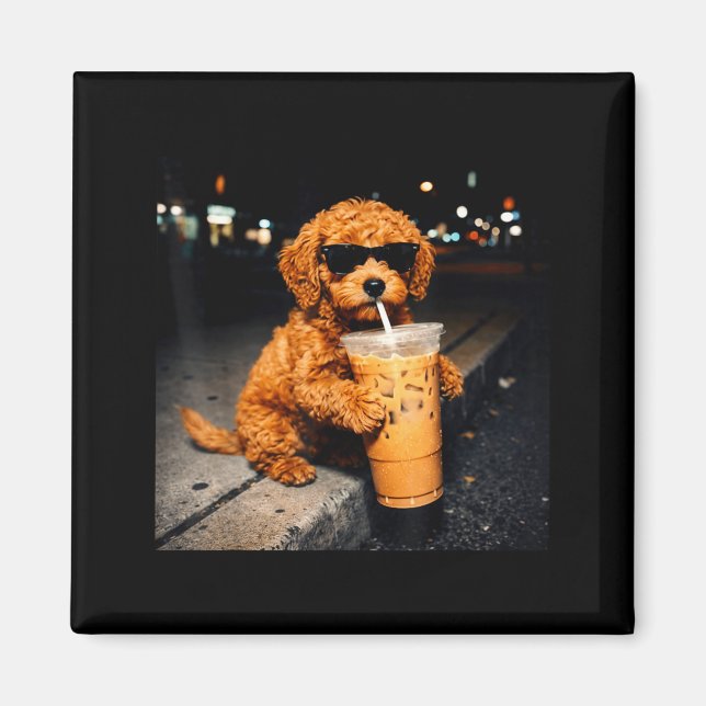 Funny Goldendoodle Drinking Iced Coffee Animal Mem Magnet (Front)
