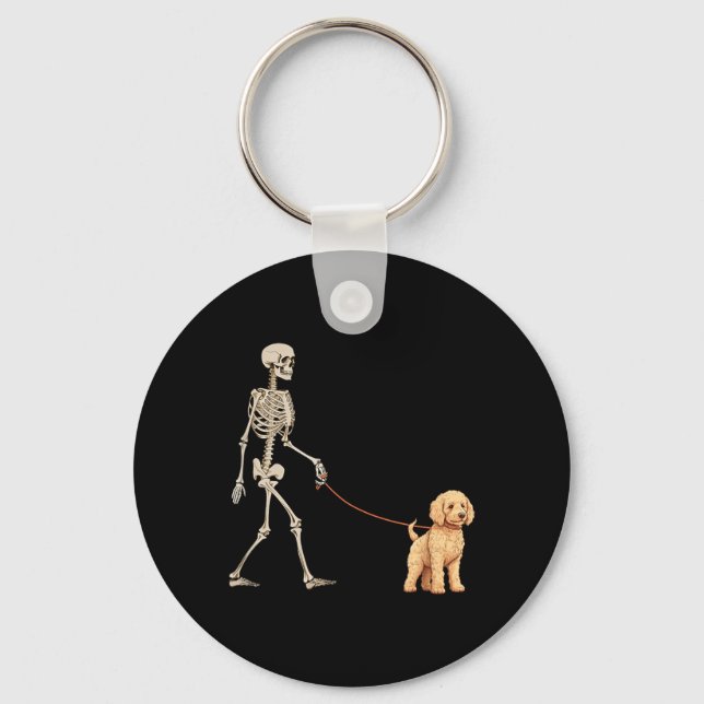 Funny Goldendoodle Skeleton Dog Walking Halloween Keychain (Front)