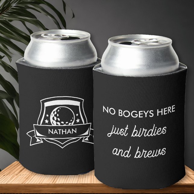 Funny Golf Bogey Birdies and Brews Personalized Can Cooler (Personalized can cooler with funny golf slogan and simple modern, typography design.)