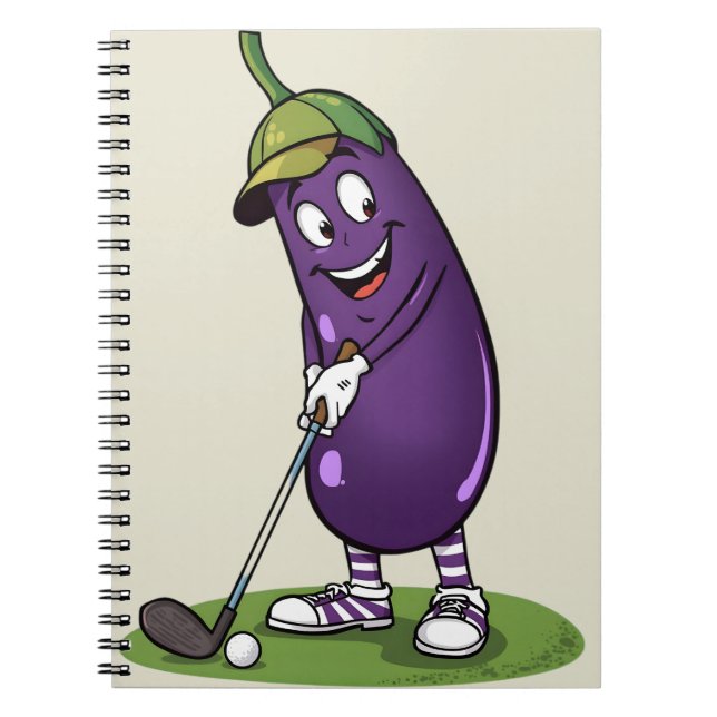 Funny Golf Eggplant Character: Cartoon Golfer Vege Notebook (Front)