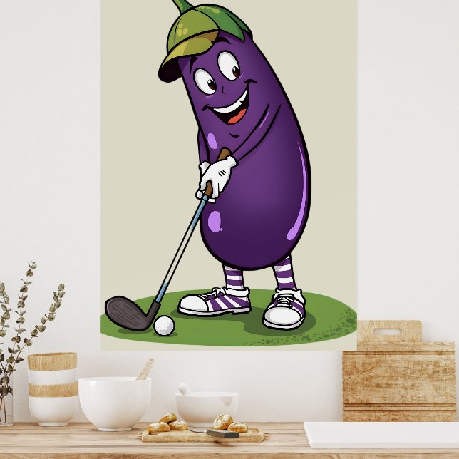 Funny Golf Eggplant Character: Cartoon Golfer Vege Poster (Kitchen)