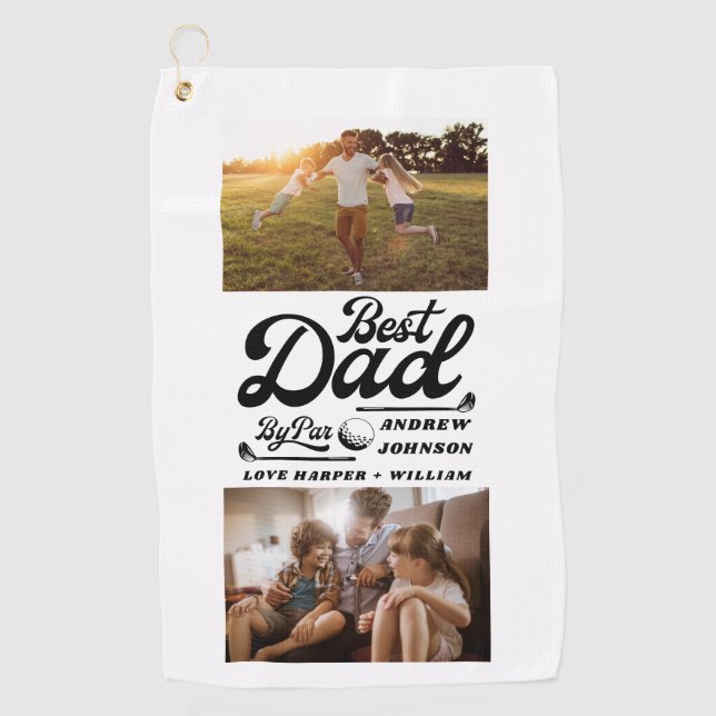 Funny Golfer Best Dad By Par Photo | Monogram Name Golf Towel (Front)