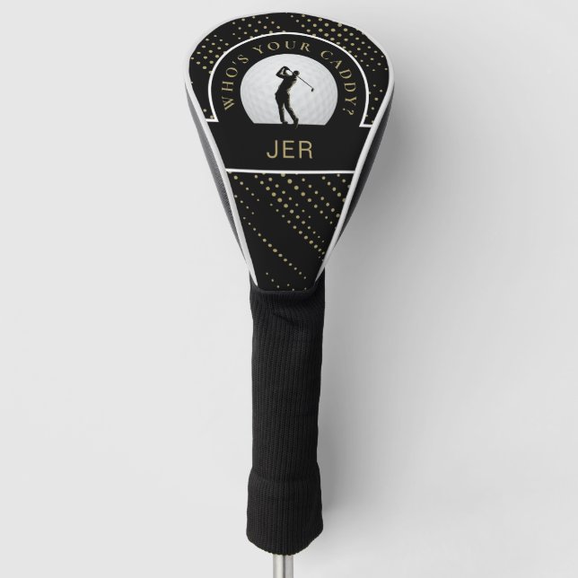 Funny Golfer Caddy Custom Monogrammed Black Gold Golf Head Cover (Front)