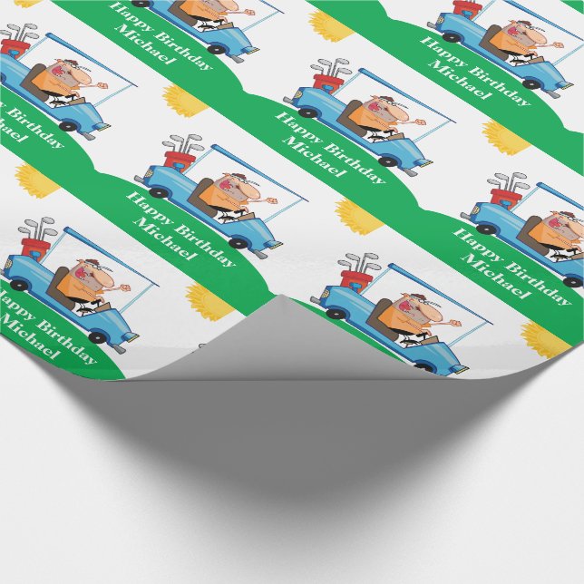 Funny Golfer On Cart Personalized Gift Wrapping Paper (Corner)