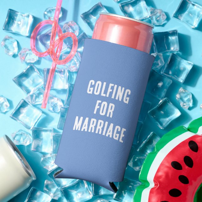 Funny "Golfing For Marriage." Blue and White Seltzer Can Cooler (In Situ Summer)