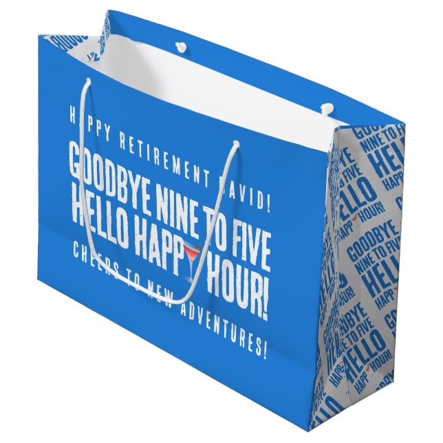 Funny Goodbye 9 to 5 Hello Happy Hour Retirement Large Gift Bag (Front Angled)