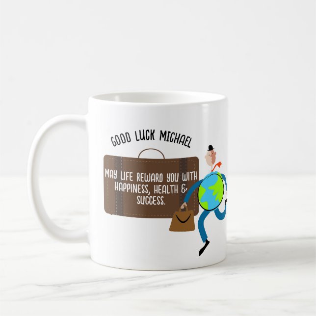 Funny Goodbye Gift Personalized Travelling Man Coffee Mug (Left)