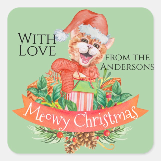 Funny Goofy Cat Colourful Meowy Christmas Pun Squa Square Sticker (Front)