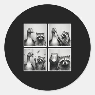 Funny goose and raccoon photobooth friends chaos classic round sticker