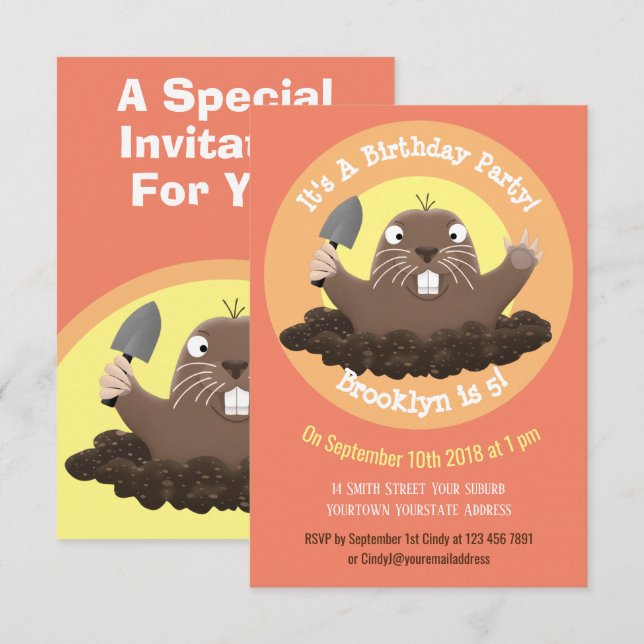 Funny gopher cartoon illustration invitation (Front/Back)