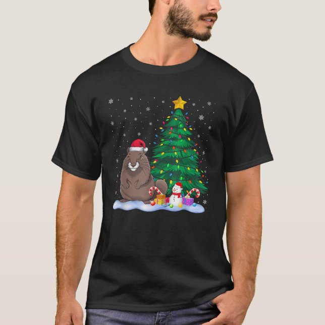 Funny Gopher Xmas Tree Lights Reindeer Hat Christm T-Shirt (Front)