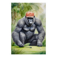 Funny Gorilla in Red Baseball Cap Playing Golf