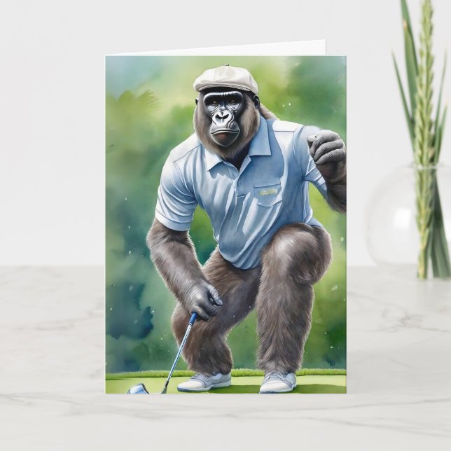 Funny Gorilla in Tan Hat Blue Shirt Playing Golf Card (Front)