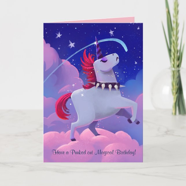 Funny Goth Punk Cartoon Unicorn on Clouds Card (Front)