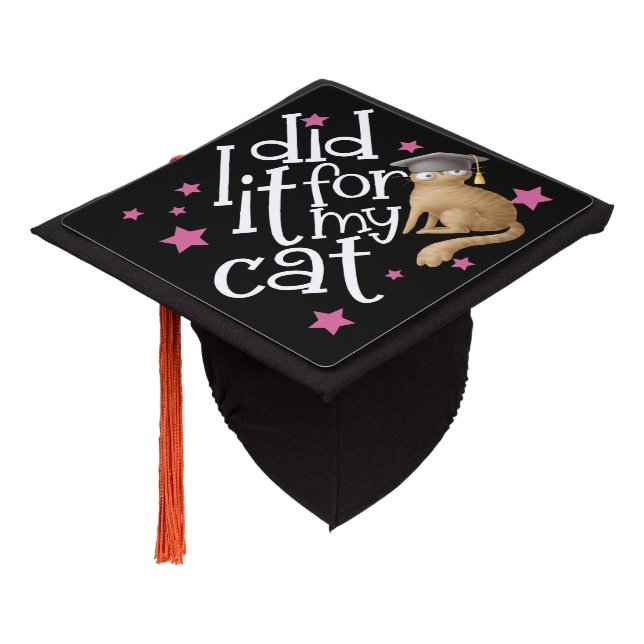 Funny Grad Did It For My Cat Cute White Black Graduation Cap Topper (Angled)