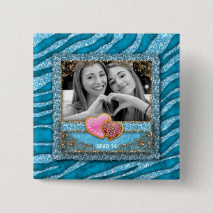 Funny Grad Graduation Zebra Glitter Photo Hearts 2 Inch Square Button