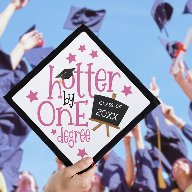 Funny Grad Hotter By One Degree Pink White Graduation Cap Topper (Creator Uploaded)