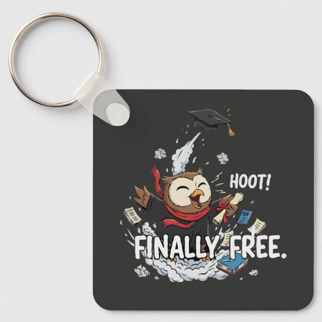 Funny Graduation Owl Finally Free Retro Cartoon  Keychain (Front)