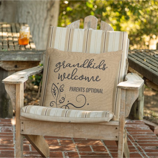 Funny Grandkids Welcome On Faux Jute Textile Outdoor Pillow (Chair)