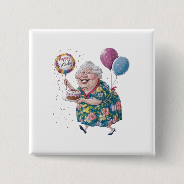 Funny Grandma Bday Cake And Balloon 2 Inch Square Button (Front)