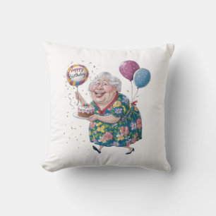 Funny Grandma Bday Cake And Balloon Throw Pillow