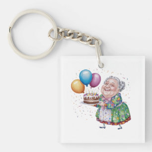 Funny Grandma Floral Apron Bday Art Keychain