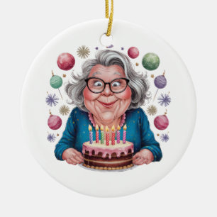 Funny Grandma Staring at Cake Bday Art Ceramic Ornament