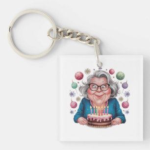 Funny Grandma Staring at Cake Bday Art Keychain