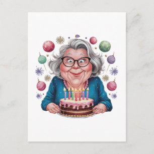 Funny Grandma Staring at Cake Bday Art Postcard