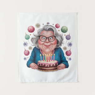 Funny Grandma Staring at Cake Bday Art Tapestry