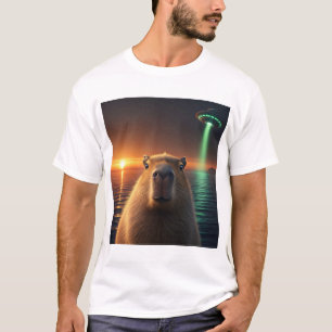 funny graphic capybara selfie with UFO weird  T-Shirt