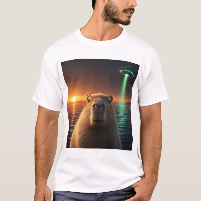 funny graphic capybara selfie with UFO weird  T-Shirt (Front)