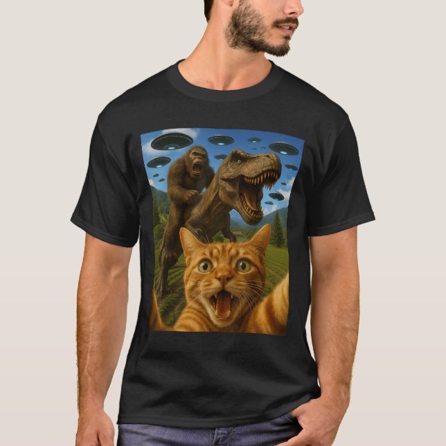 Funny Graphic Cat Selfie With Bigfoot Riding T-rex T-Shirt (Front)