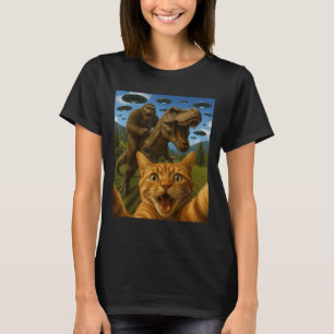 Funny Graphic Cat Selfie With Bigfoot Riding T-rex T-Shirt