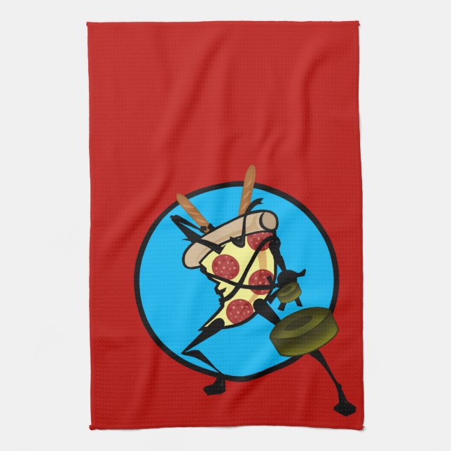 FUNNY GRAPHIC NINJA PIZZA RED KITCHEN DISH TOWEL (Vertical)