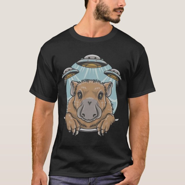 Funny Graphic Tee Capybara Selfie with UFOs Weird (Front)