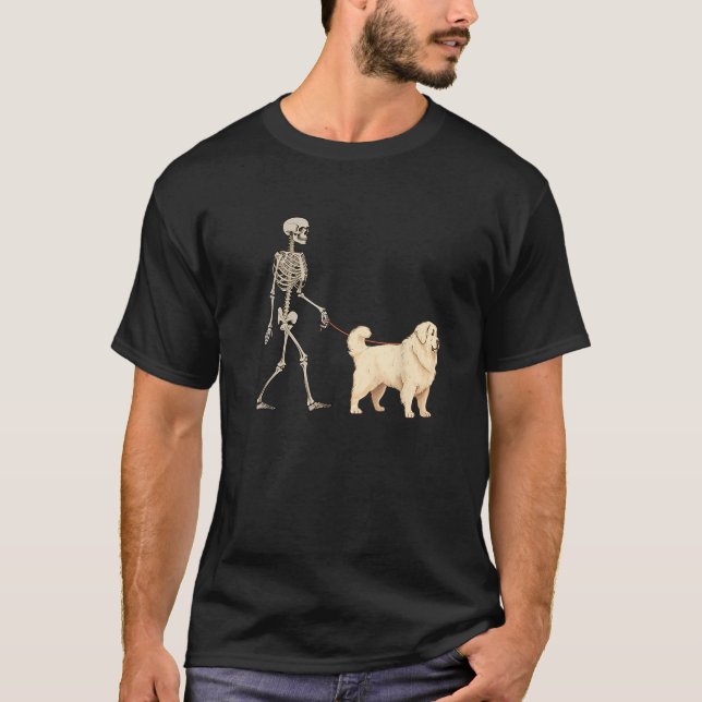 Funny Great Pyrenees Skeleton Dog Walking Hallowee T-Shirt (Front)