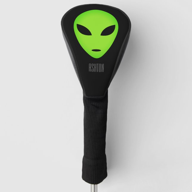Funny green alien head golf driver sock head cover (Front)
