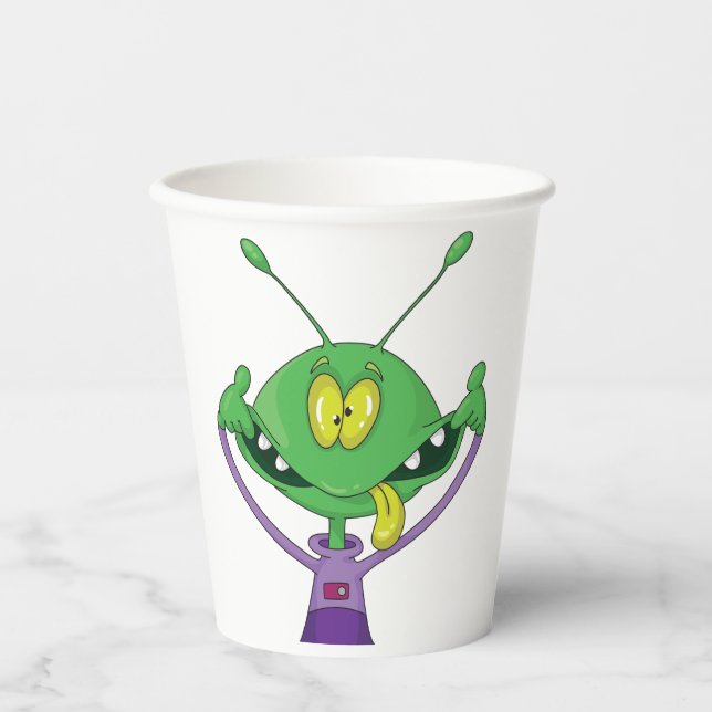 Funny Green Alien Making Silly Face Paper Cups (Front)