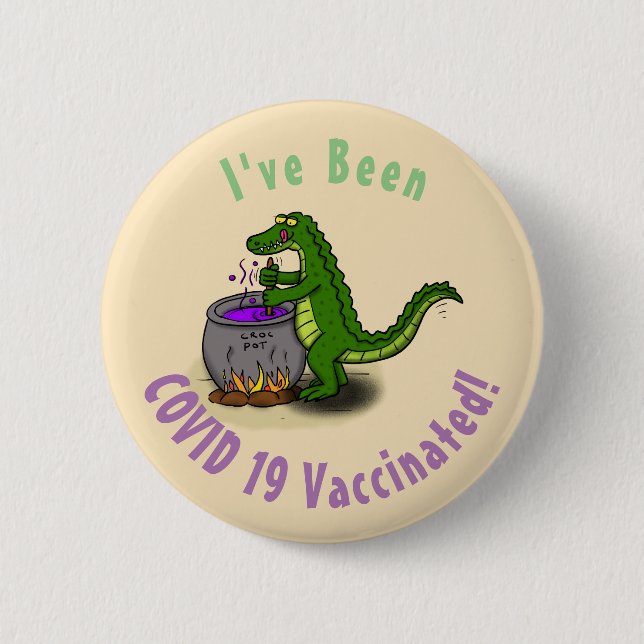 Funny green alligator cooking cartoon 2 inch round button (Front)