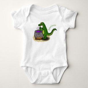 Funny green alligator cooking cartoon baby bodysuit
