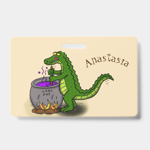 Funny green alligator cooking cartoon badge