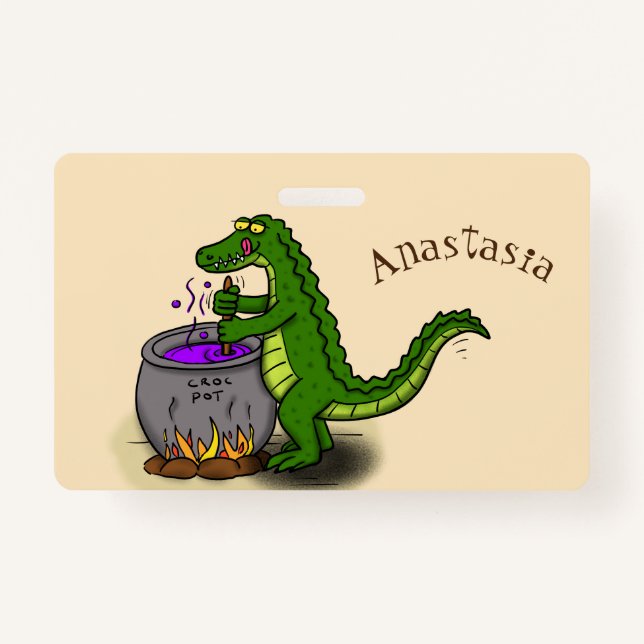 Funny green alligator cooking cartoon badge (Front)