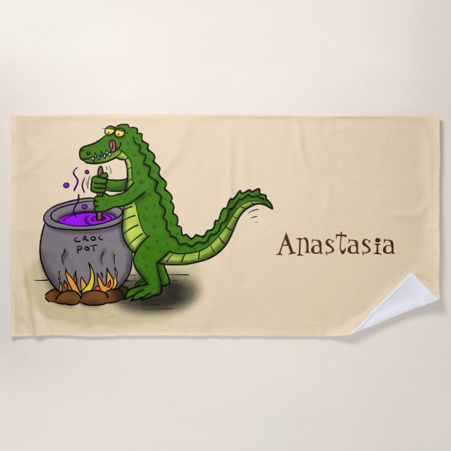 Funny green alligator cooking cartoon beach towel (Front)